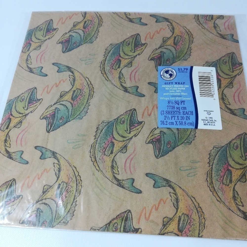 Vintage Hallmark Gift Wrap Fishing Recycled Dad Fathers Day